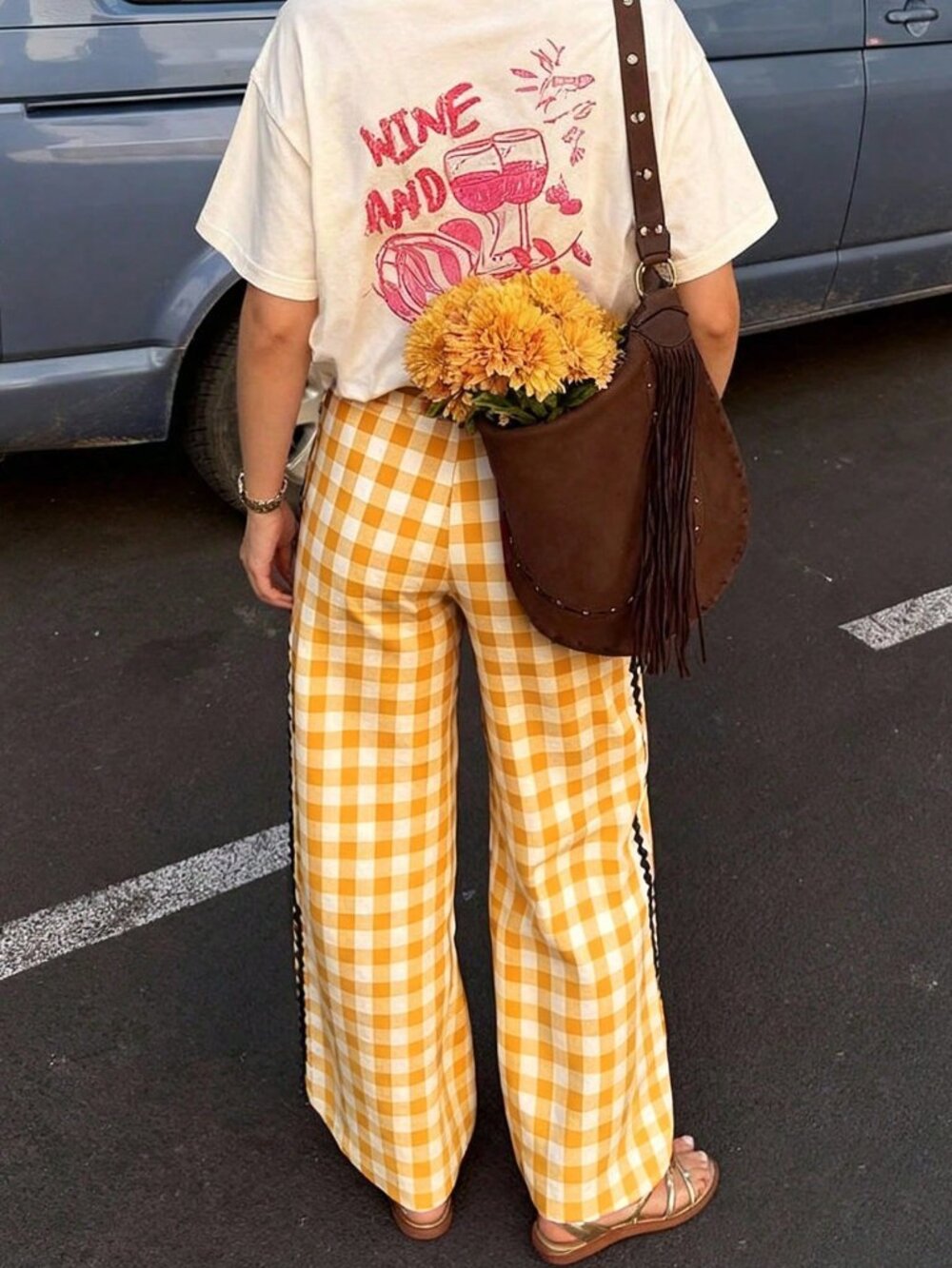 Yellow Casual Women's Plaid Wide-Leg Trousers with Zipper Pockets and Side Slits - Picture 2 of 5